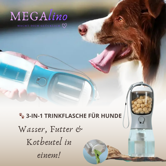 3-in-1 Trinkflasche für Hunde – Wasser, Futter & Kotbeutel in einem